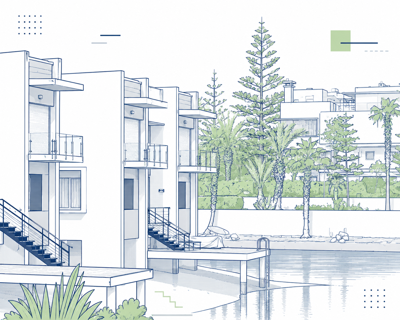Illustration des villas sur pilotis d'Eden Beach — façade en bord de lagune